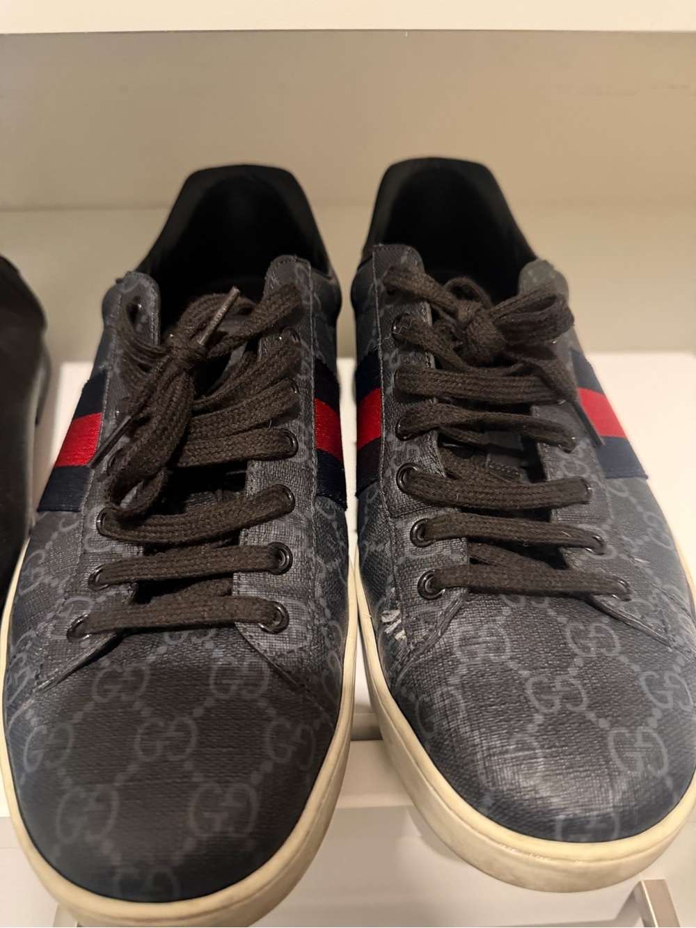 Gucci Black Sneakers with Red & Blue Web Stripe